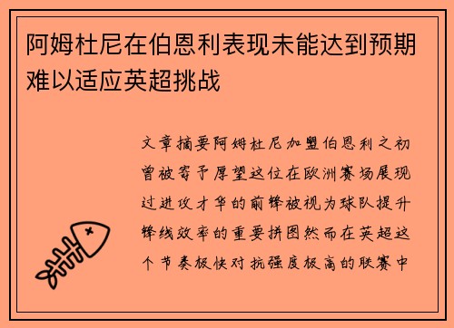 阿姆杜尼在伯恩利表现未能达到预期难以适应英超挑战 阿姆杜尼在伯恩利表现未能达到预期难以适应英超挑战