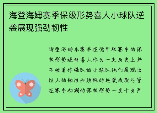 海登海姆赛季保级形势喜人小球队逆袭展现强劲韧性 海登海姆赛季保级形势喜人小球队逆袭展现强劲韧性